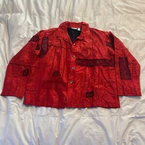 Chicos Design Jacket 2 Large Red 100% Silk Black Embroidered Beaded Vintage